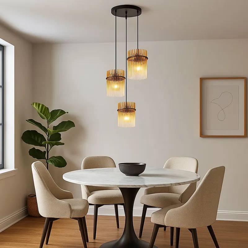Voordeelprijs Hanglamp, 3-vlam, metaal, amber, glazen staven, H 140 cm