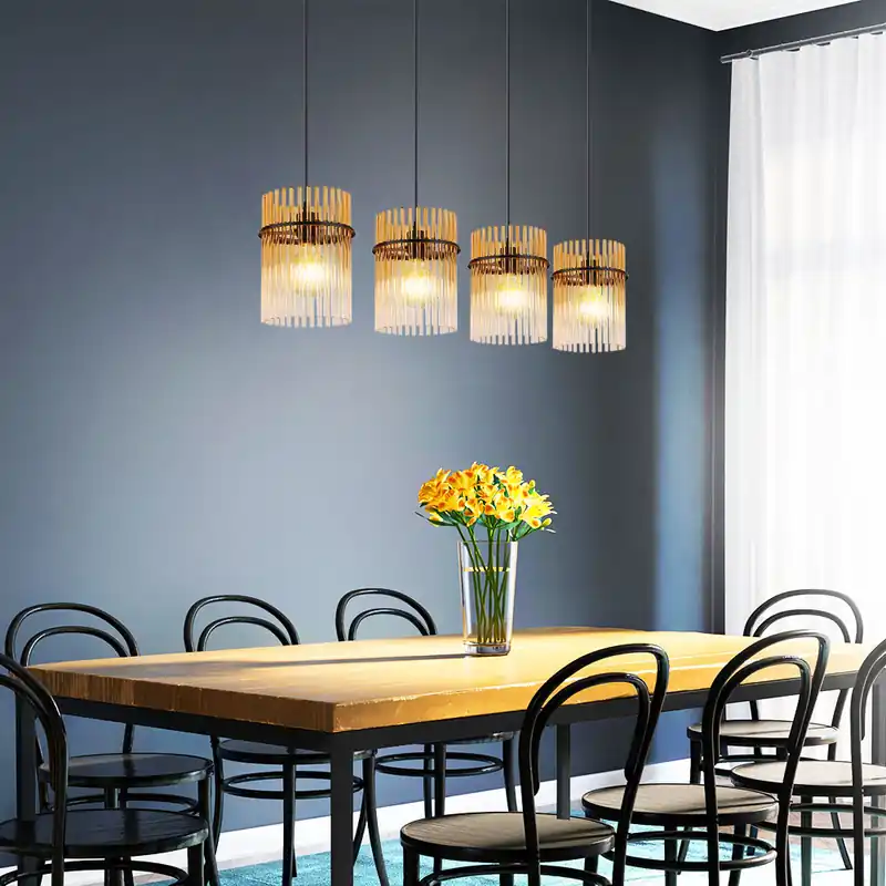 Hanglamp, metaal, amber glas, 4-vlam Gratis Retour