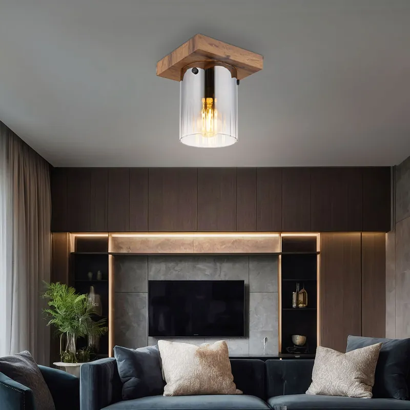 Favoriet Plafondlamp, houtlook, rookglas, 1-lamp