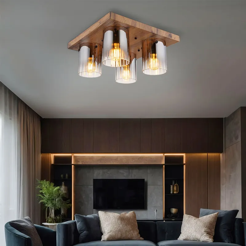 Plafondlamp, houtlook, rookglas, 4-bol Beste Prijs