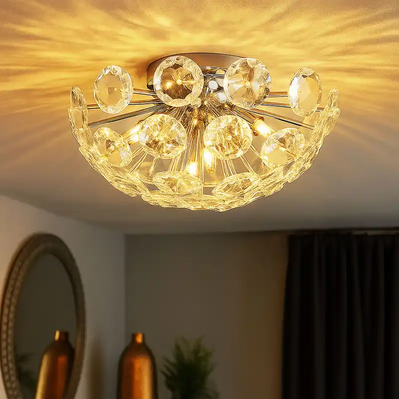 Direct Verzonden Plafondlamp, zilver glas, K9 kristallen, G9, D 39 cm