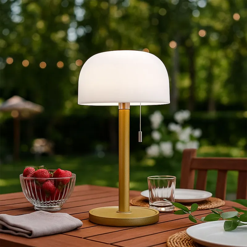 LED tafellamp, bamboe messing, opaal, IP44, H 28 cm Hoge Kwaliteit