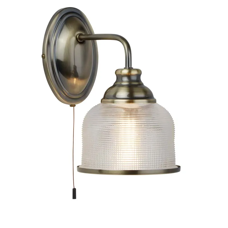 Wandlamp, messing, antiek, holofaan glas, vintage, dimbaar Korting