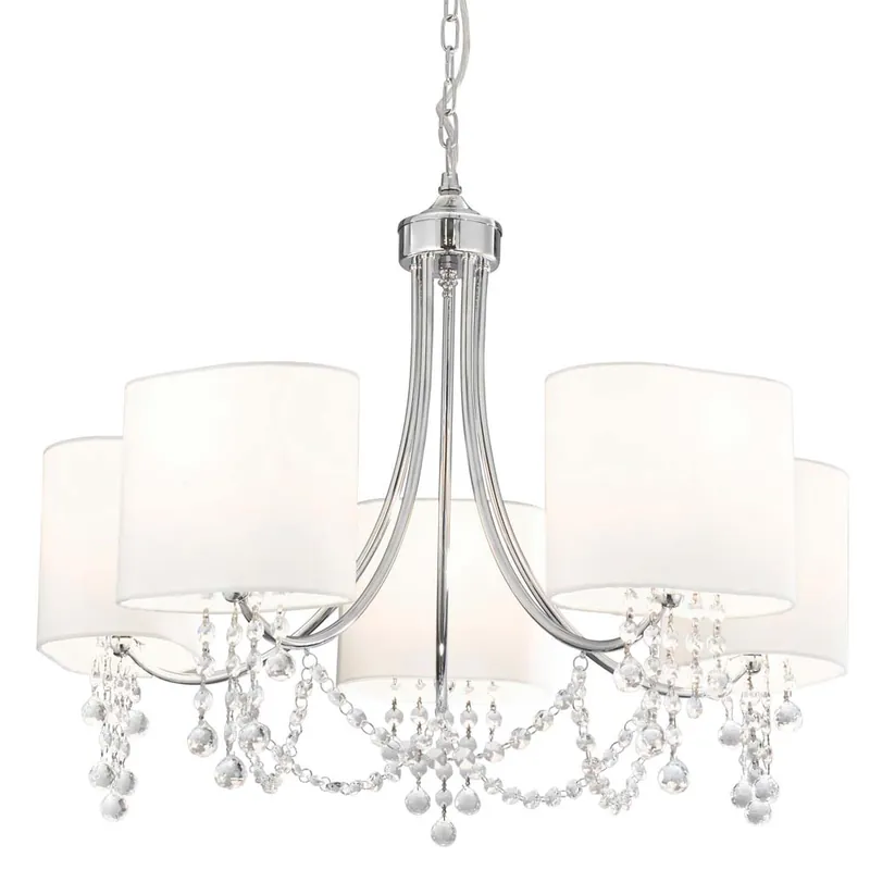 Nina, plafondlamp met 5 vlammen, chroom, helder kristal, witte kappen Speciale Aanbieding