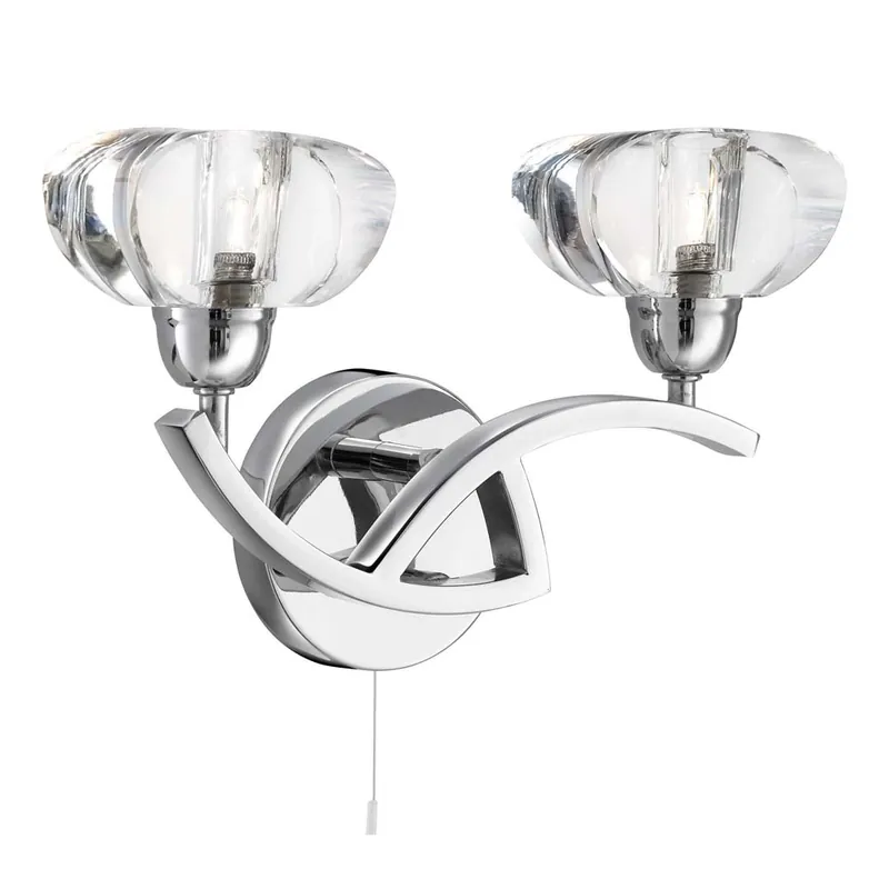 Sculptured Ice Ii, 2flame gebogen wandlamp chroom, helder glas Direct Verzonden