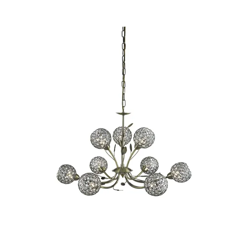 Lage Prijs Bellis Ii, plafondlamp met 9 vlammen, antiek messing, decoratieve helder glazen kap