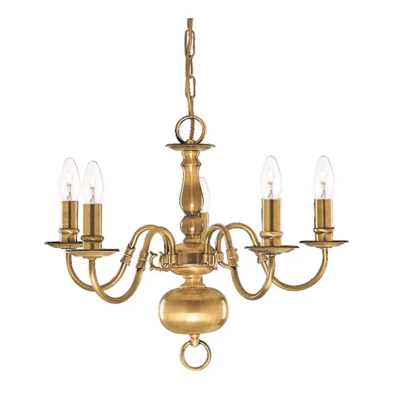 Bestseller Vlaams, 5-vlamige plafondlamp, antiek messing verguld