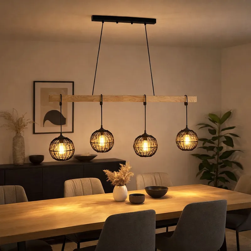 Hanglamp, zwart metaal, hout, 4 vlammen, H 140 cm Direct Verzonden
