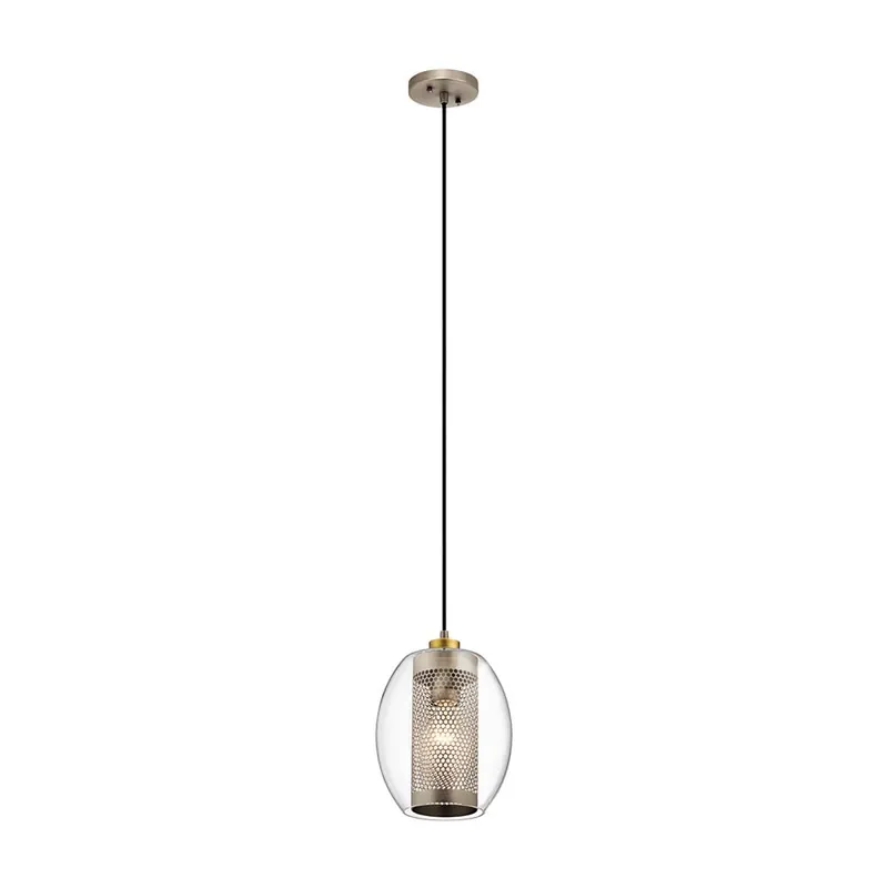 Hanglamp, helder glas, staal, antiek tin, D 21,6 cm Direct Beschikbaar