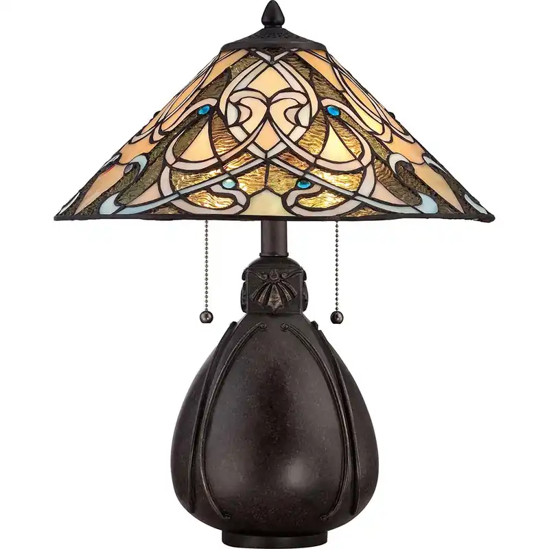 Korting Tafellamp, Tiffany glas, metaal, brons, H 49,5 cm