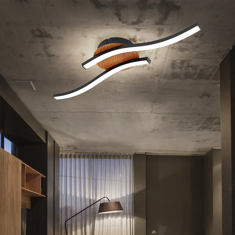 LED plafondlamp, 2 vlammen, houtlook, zwart, L 51cm Direct Beschikbaar