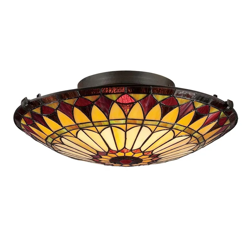 Beperkte Voorraad Plafondlamp, Tiffany glas, vintage brons, 2 vlammen