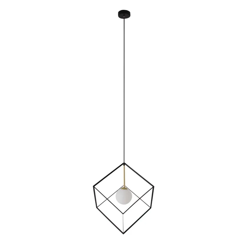 Hanglamp, kubus, metalen kooi, glazen bol, zwart, H 100 cm Meest Verkocht
