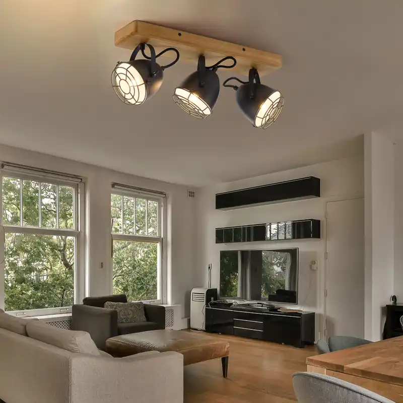 Laatste Versie Plafondlamp, metaal hout, zwart, verstelbare spots, L 46cm