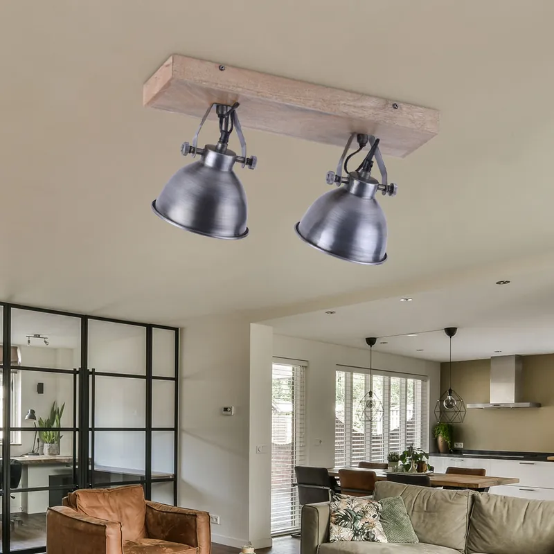 Plafond- en wandlamp, ijzer, hout, beweegbare spots, L 44 cm Koop Vandaag
