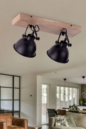 Wand-/plafondlamp, zwart, hout, beweegbare spots, L 44 cm Nu Kopen