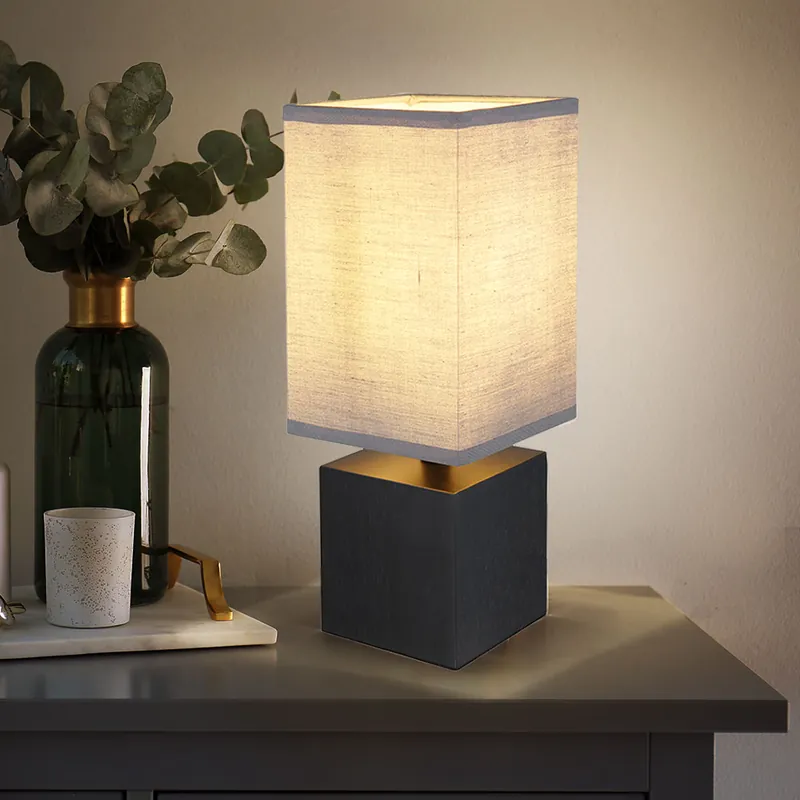Laatste Versie Tafellamp, kap van houttextiel, zwart antraciet, H 30 cm