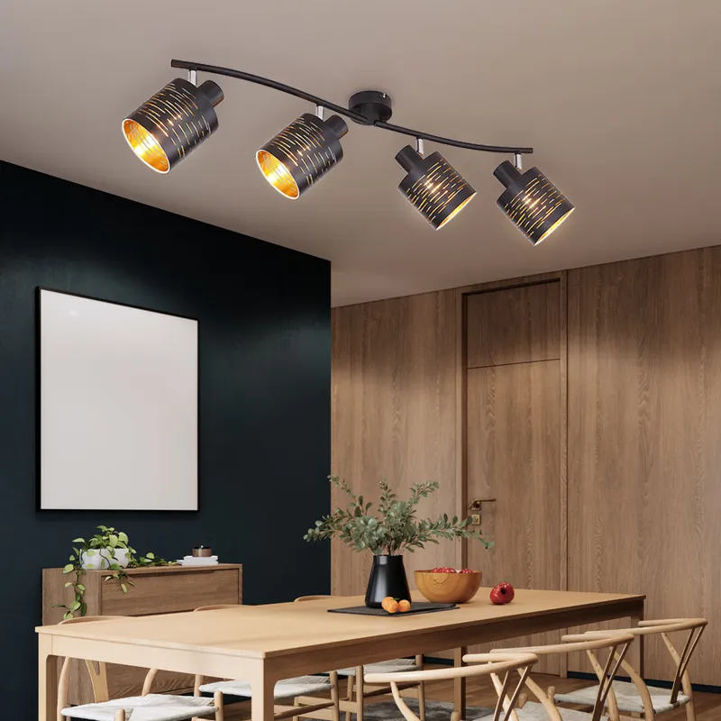 Plafondlamp, zwart, goudkleurig, verplaatsbare spots Op = Op