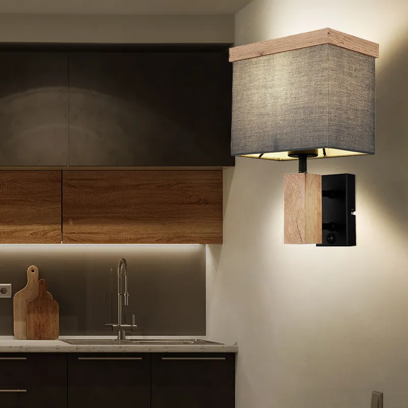 Wandlamp, houteffect, antraciet textiel, H 30 cm Goedkoop