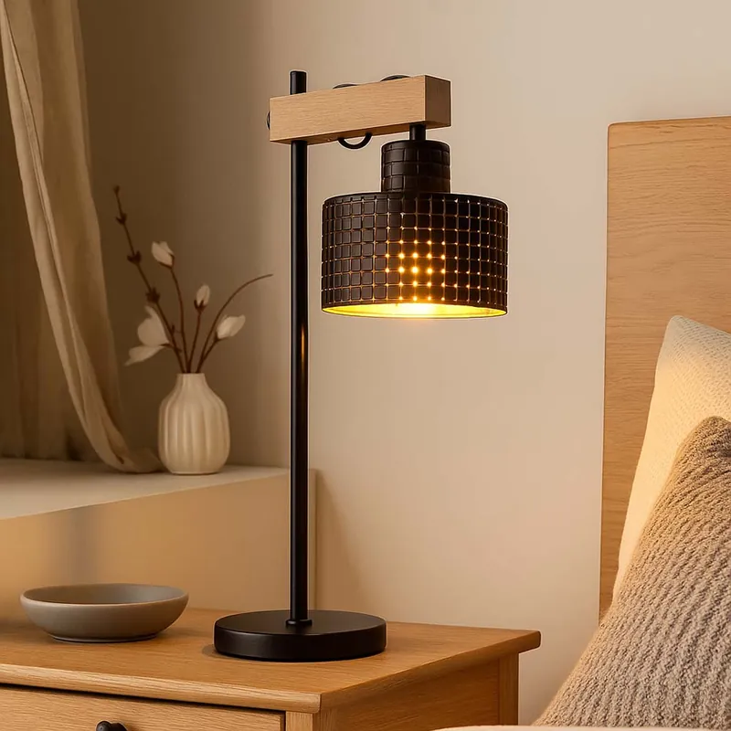 Must-Have Tafellamp, hout-look, zwart-goud, in hoogte verstelbaar, H 55 cm