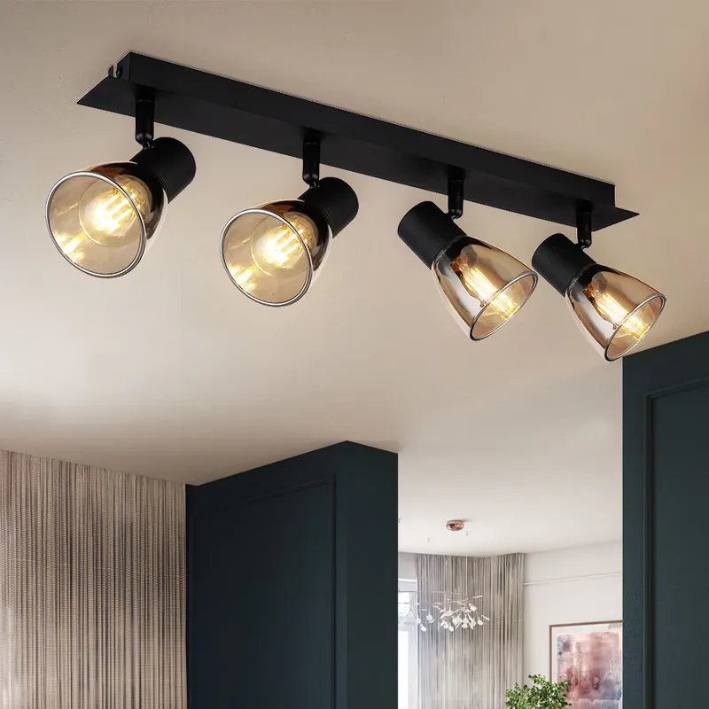Plafondlamp, metaal, mat zwart hout, glas Actieprijs
