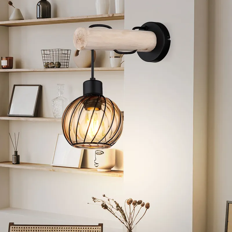 Wandlamp, hout, amber glas, zwart, H 30 cm Direct Beschikbaar