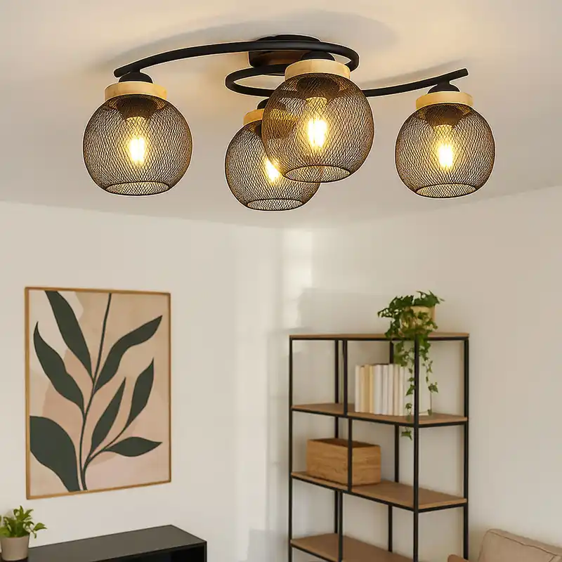 Dagaanbieding Plafondlamp, 4-bol, hout, traliekappen, zwart, L 60 cm