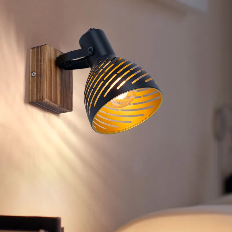 Wandlamp, spot, beweegbaar, decoratieve sleuven, hout, zwart Gratis Verzending