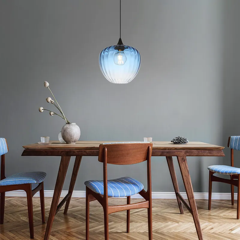 Korting Hanglamp, blauw glas, zwart, groeven, D 29 cm