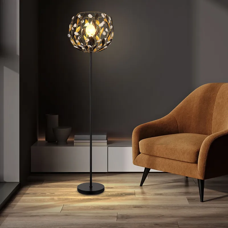 Staande lamp, zwart, goud, kristallen bladeren ontwerp, H 157 cm Voordeelprijs