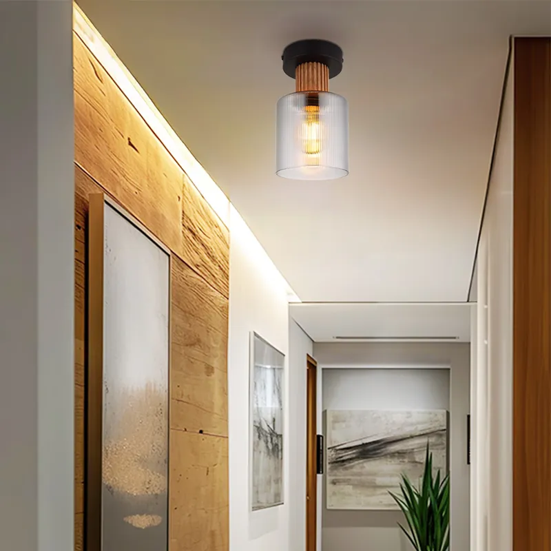 Plafondlamp, hout, rookkleurig glas, 1 vlam, H 21 cm Veilige Betaling