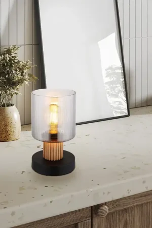Beperkt Aanbod Tafellamp, hout, rookkleurig glas, 1 vlam, H 21 cm