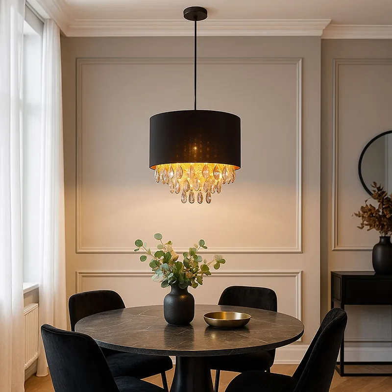 Hanglamp, zwartgoud, rookkleurige kristallen, H 120 cm Actieprijs