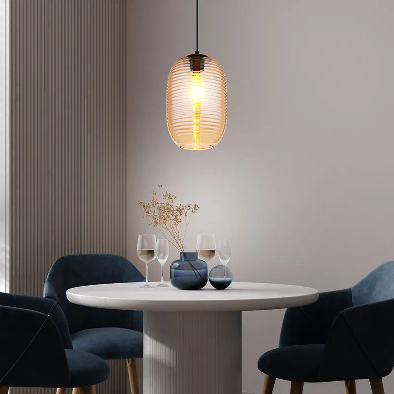 Dagaanbieding Hanglamp, metaal, zwart, amber glas, D 20 cm