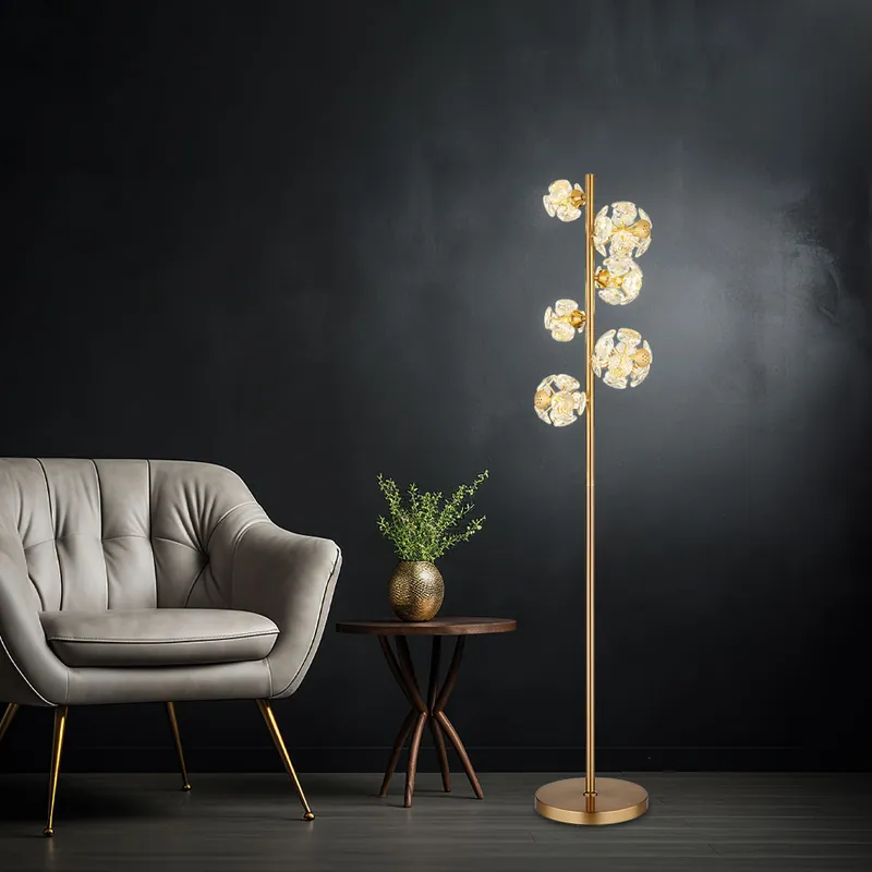 Seizoensaanbieding LED vloerlamp, kristallen, bollen, goud, H 155 cm