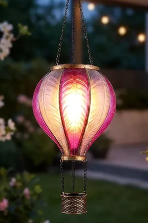 Actieprijs LED-zonnelicht, heteluchtballon, roze, vuureffect, H 46,5 cm