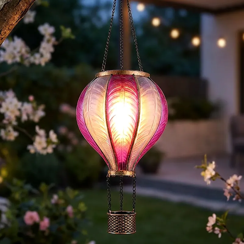 Actieprijs LED-zonnelicht, heteluchtballon, roze, vuureffect, H 46,5 cm