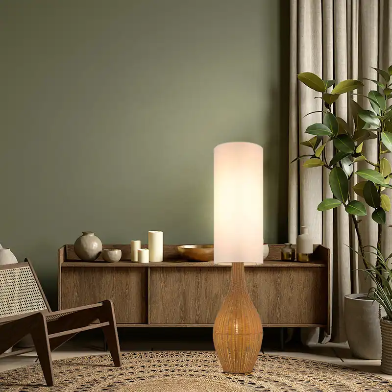 Beperkte Voorraad Staande lamp, bruine rotanlook, wit textiel, H 125 cm