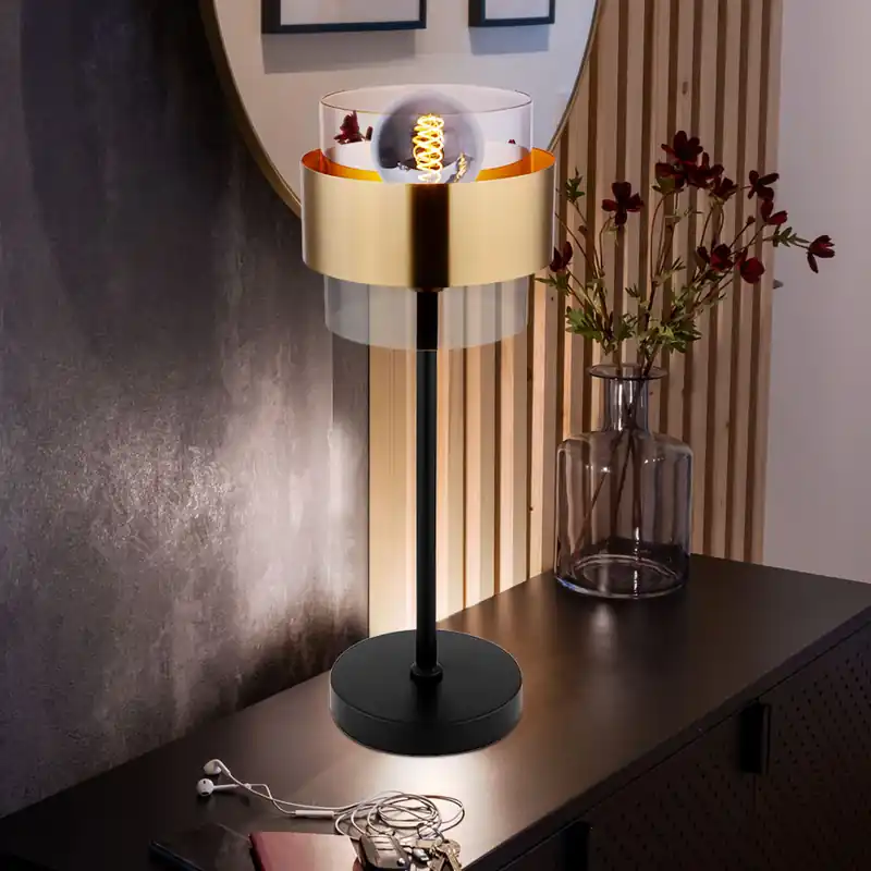 Betaalbaar Tafellamp, messing ring, glas, zwart, H 47 cm