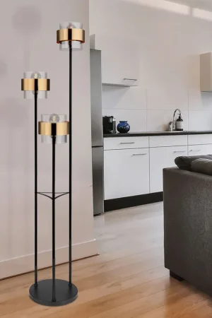 Actieprijs Vloerlamp, messing ring, rond, 3 staanders, glas, mat zwart