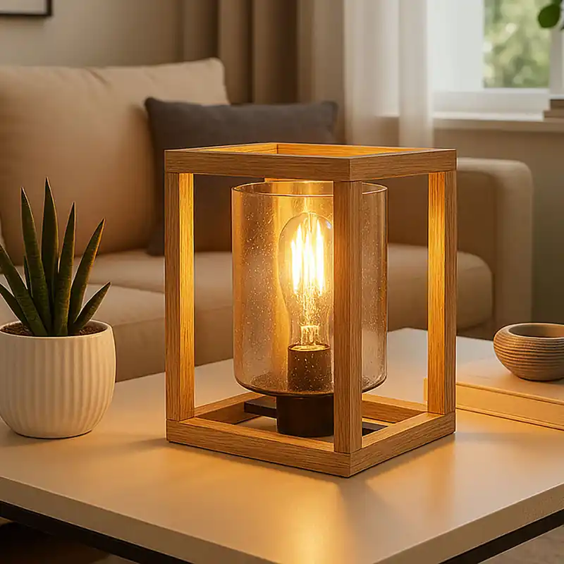 Tafellamp, rookglas, hout, luchtbellen, zwart, H 22 cm Flitsaanbieding