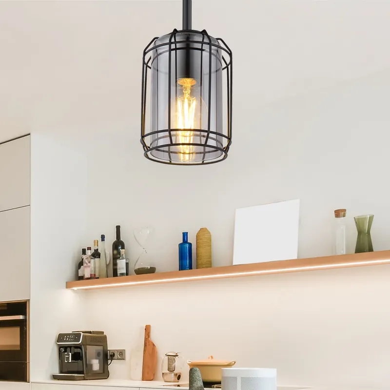 Nieuw Hanglamp, metaal kooi glas, zwart, rook, H 120 cm