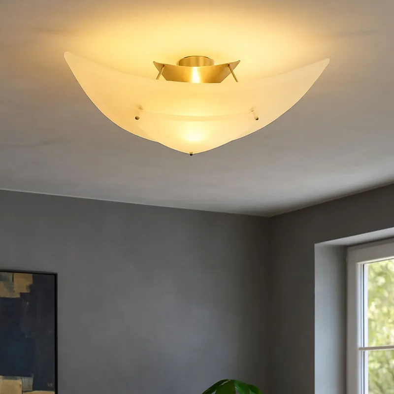 Delta plafondlamp in geborsteld metaal en wit glas Meest Verkocht