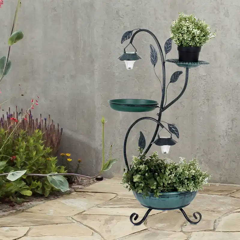 Korting Plantenstandaard met verlichting op zonne-energie en vogelbad