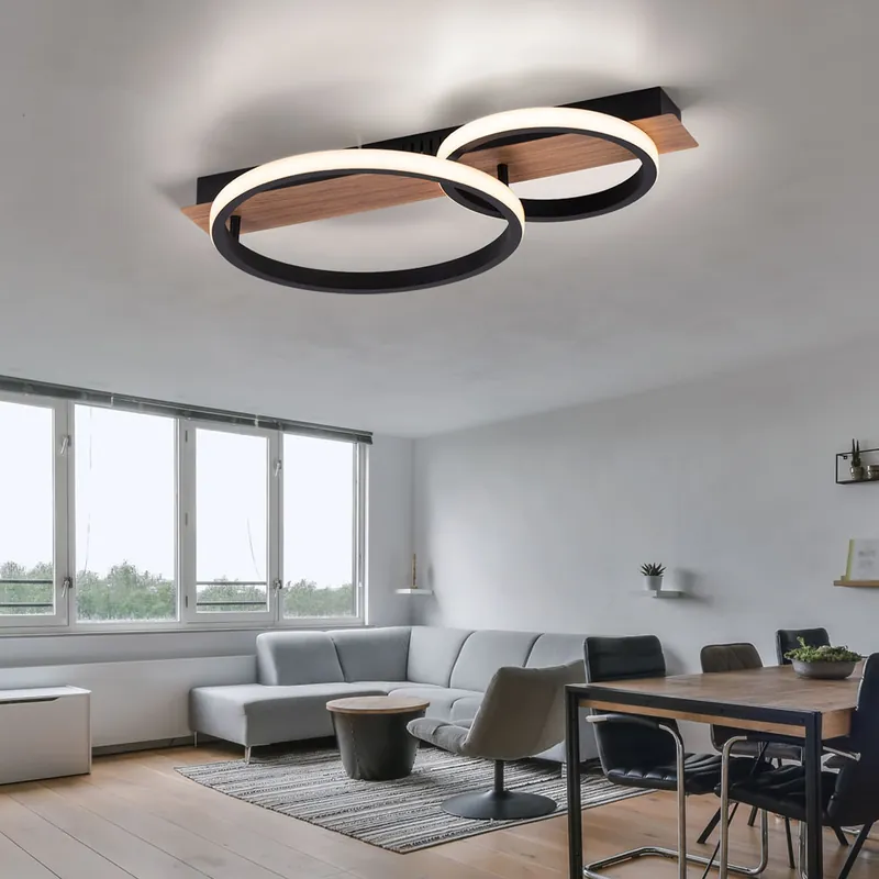 LED-houtlamp, zwart metaal, houtlook, L 53 cm Hete Deal