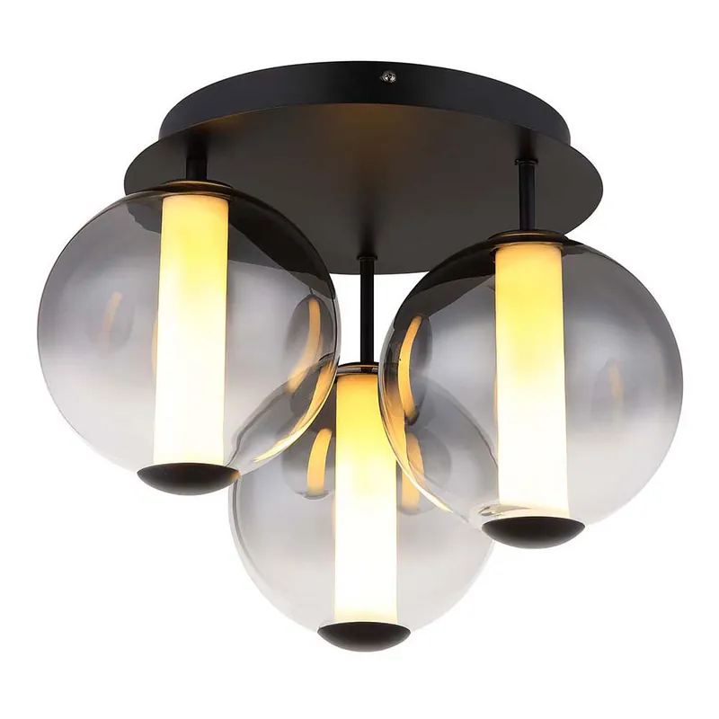 LED plafondlamp zwart, glazen bol gerookt, H 29,5 cm Tijdelijk Beschikbaar