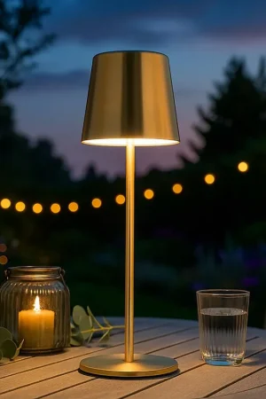 Beste Prijs LED tafellamp, goud, metaal, oplaadbare batterij, touchdimmer, H 28 cm