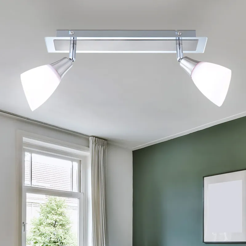 Nieuw Plafondlamp, wit glas, mat nikkel, beweegbare spots, L 35 cm