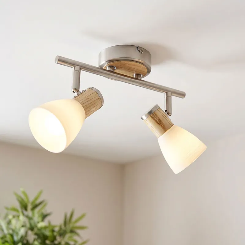 Plafondlamp, verplaatsbare spots, hout, glas, opaal, GYLFI Uitverkoop