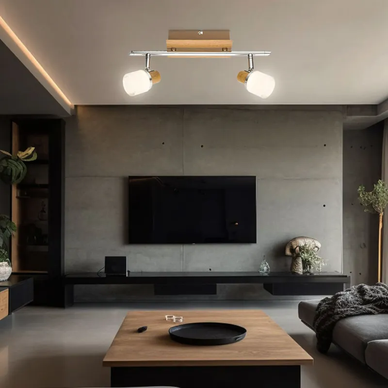 Aanbieding LED plafondlamp, chroom, hout, verstelbare spots, L 35 cm
